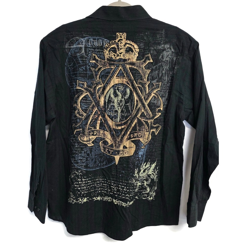 Eighty Eight Black Graphic Long Sleeve Men's Button Down Shirt XL Y2k Crest